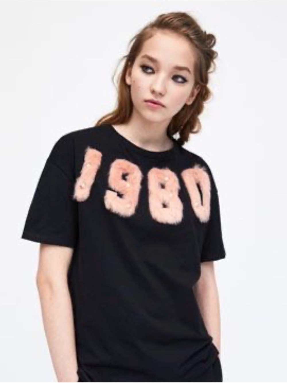 Zara Black Short-Sleeve Tee with Pink Fuzzy "1980" Appliqué